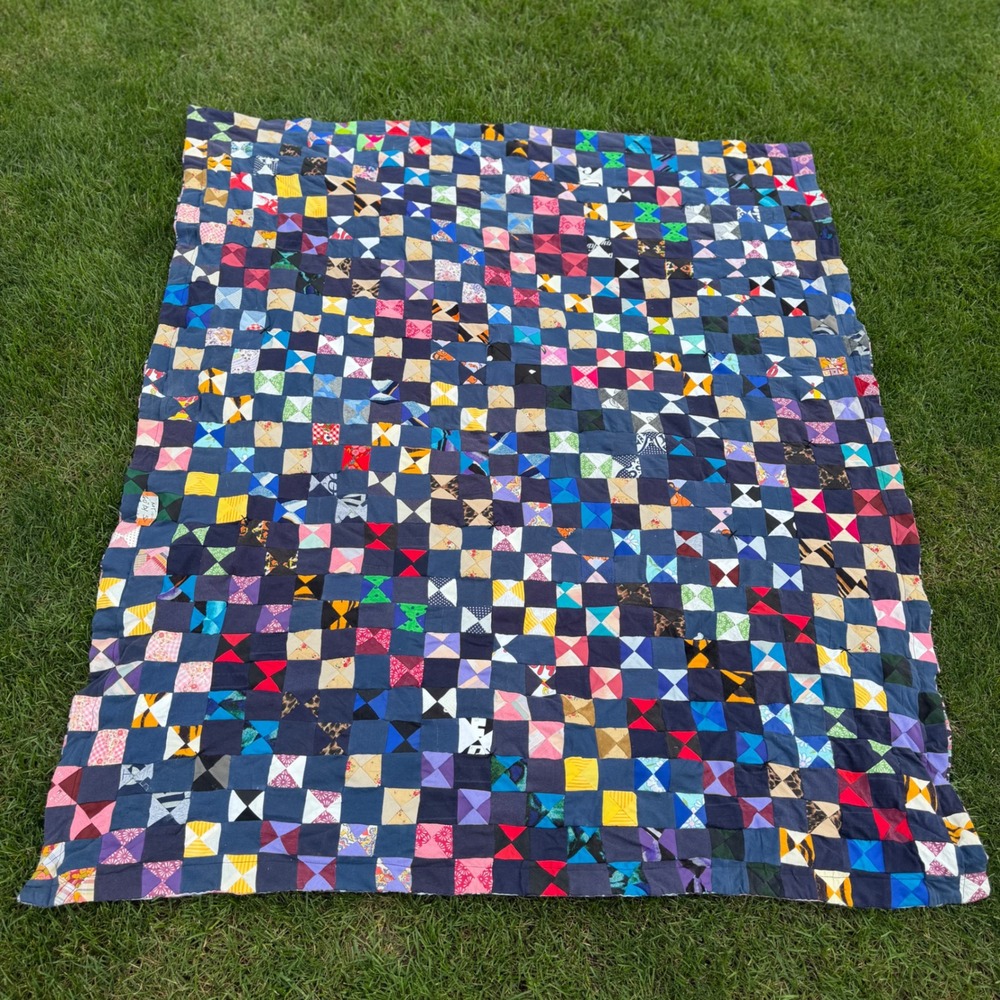 A- Handmade Patchwork Quilt Hourglass Bowtie Scrappy Multicolor Lap Throw 60x52